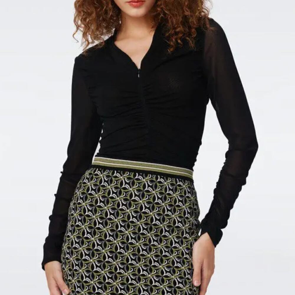 Diane Von Furstenberg Julie Mesh Top Ruched Black Long Sleeve Semi Sheer XS Zip